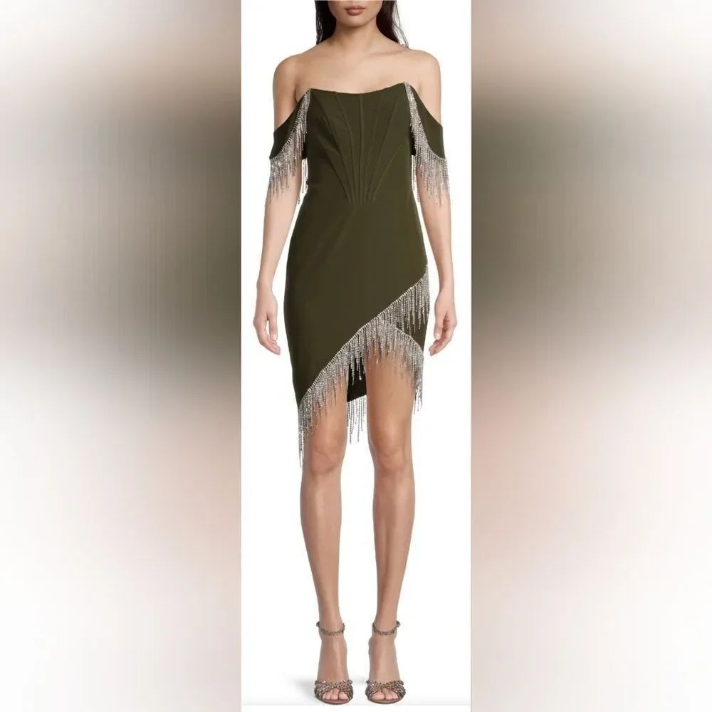 Lavish Alice Bardot Corset Rhinestone-Fringe Dress NWT Size 4 Olive Green